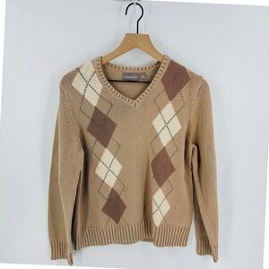 Vintage Croft & Barrow Tan Argyle Knit Sweater Size XL Preppy Academia